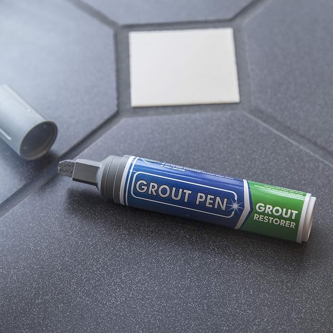 Grout Pen Tile Paint Marker: Waterproof Grout Colorant and Sealer Pen to Renew, Repair, and Refresh Tile Grout - Cleaner Coating Stain Pens - 2 Pack, 5mm Narrow and 15mm Wide Tip Pens - Grey
