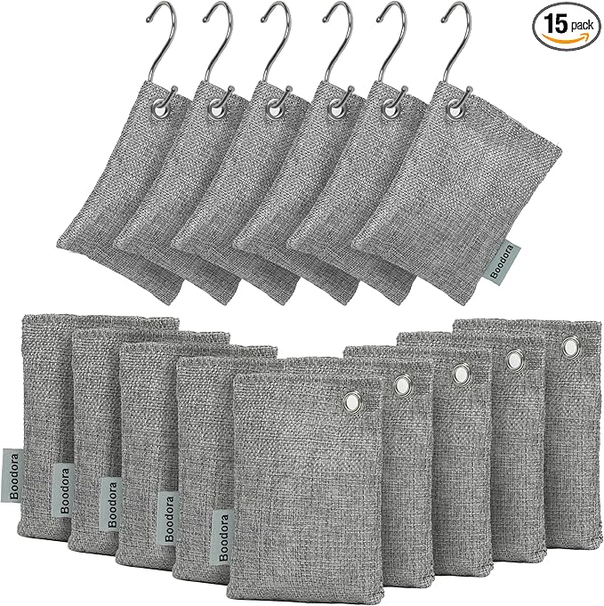 Activated Charcoal Bags Air Purifying 15 Pack, Bamboo Charcoal Odor Absorber for Home Closet Car Shoes, 70g Gray, Natural Odor Neutralizer, Moisture Absorber, Reusable up to 2 Years, 6 Hooks