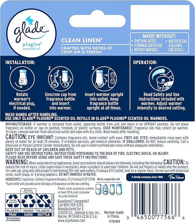 Glade PlugIns Refills Air Freshener Starter Kit, Scented and Essential Oils for Home and Bathroom, Clean Linen, 1.34 Fl Oz, 1 Warmer + 2 Refills