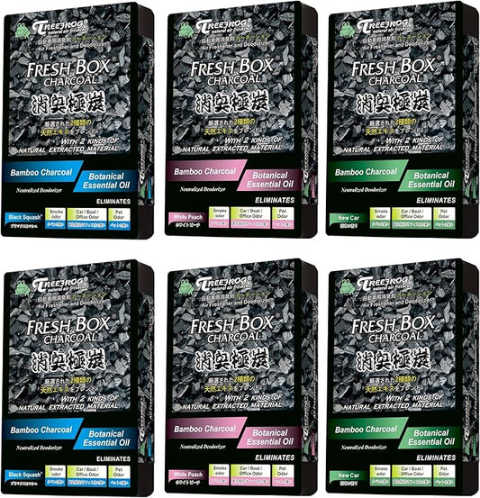 Tree frog Black Squash x2, New Car x2, White Peach x2, Charcoal Car Air freshener 6-pack Assorted, last long with Generously Large size content 200g.