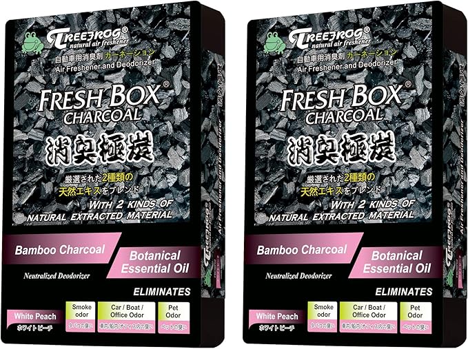 Treefrog Fresh Box Charcoal Air Freshener, White Peach Scent 2-Pack, Natural Activated Extracted Material, Black, Bamboo Charcoal, 200g. Captures, Eliminates Odors, and Freshens Air