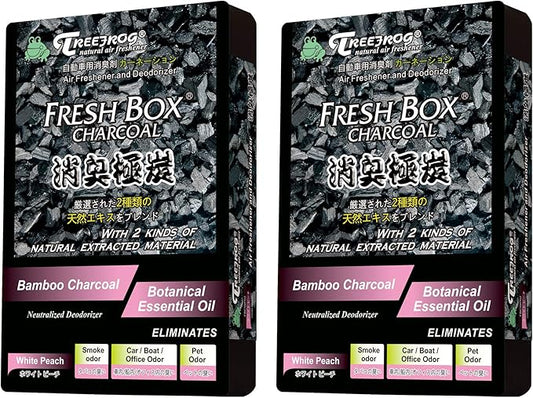 Treefrog Fresh Box Charcoal Air Freshener, White Peach Scent 2-Pack, Natural Activated Extracted Material, Black, Bamboo Charcoal, 200g. Captures, Eliminates Odors, and Freshens Air