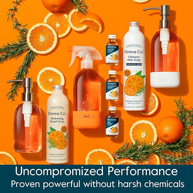 Grove Co. Hydrating Gel Hand Soap Refills (2 x 13 Fl Oz) + 1 x Reusable Glass Soap Dispenser, Plastic-Free & Liquid Refillable Starter Kit, Natural Orange & Rosemary Fragrance