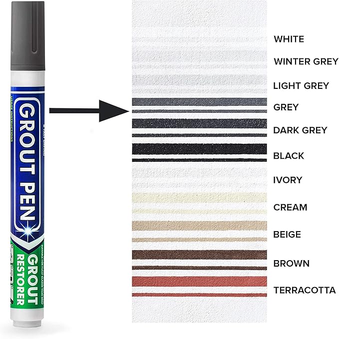 Grout Pen Tile Paint Marker: Waterproof Grout Colorant and Sealer Pen to Renew, Repair, and Refresh Tile Grout - Cleaner Coating Stain Pens - 2 Pack, 5mm Narrow Grey and 5mm Narrow White Tip