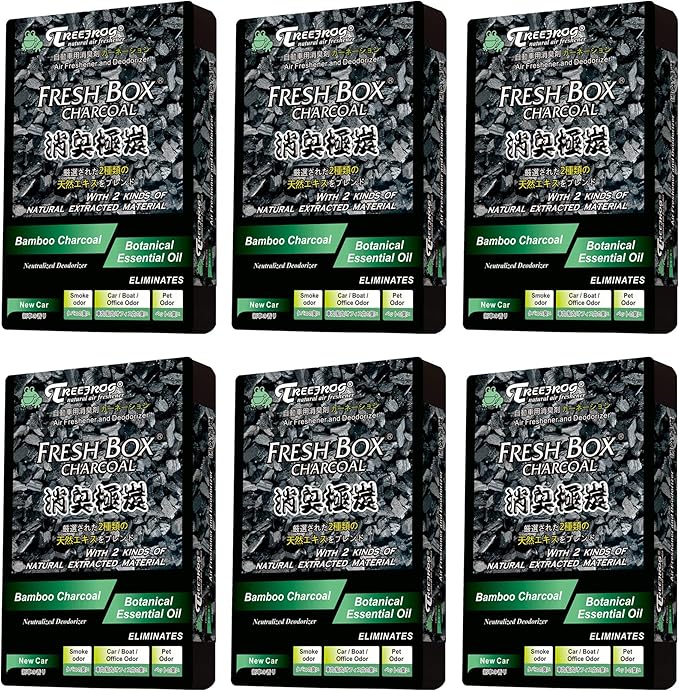 Treefrog Xtreme Fresh Box Charcoal New Car Scent 6-Pack Car Air Freshener, Deodorizer and Neutralizer air, Plus Smelling Great, Black Bamboo Charcoal, Generously Large Size 200g.