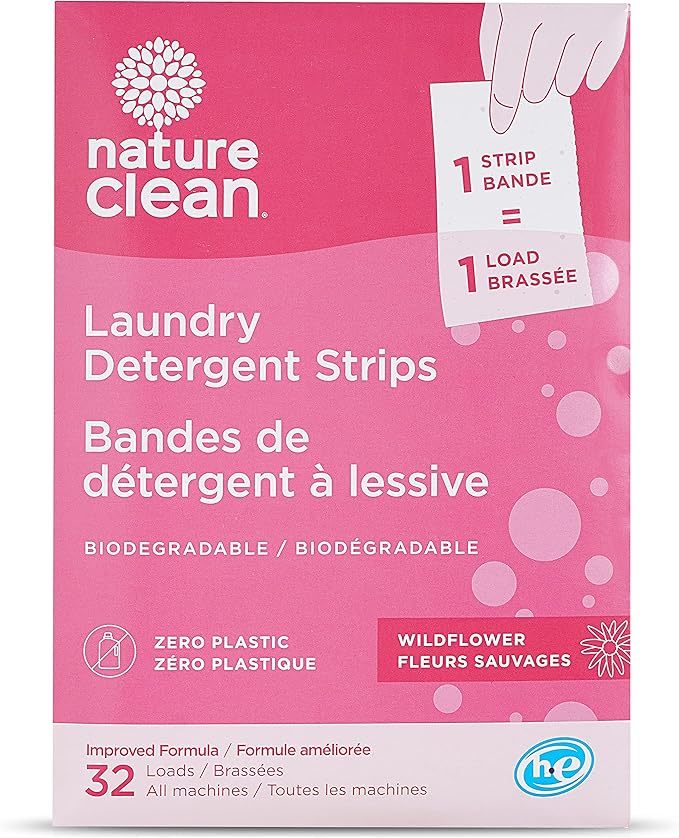 Nature Clean Non-Toxic Plastic-Free Packaging Natural Laundry Detergent Sheets 32 counts, Eco-Friendly Hypoallergenic Biodegradable Laundry Strips Travel Laundry Soap Sheets Wildflower Fragrance