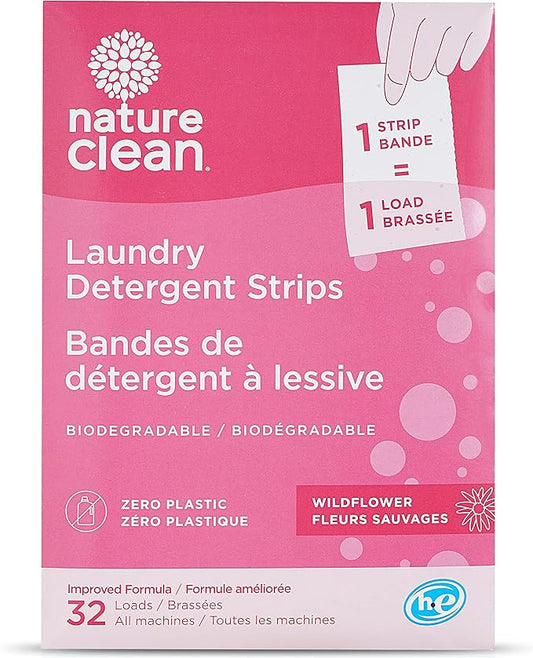 Nature Clean Non-Toxic Plastic-Free Packaging Natural Laundry Detergent Sheets 32 counts, Eco-Friendly Hypoallergenic Biodegradable Laundry Strips Travel Laundry Soap Sheets Wildflower Fragrance