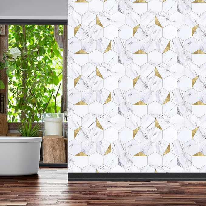 Peel and Stick Backsplash for Kitchen,New Upgrade Premium Hexagon Peel and Stick Backsplash, Seamless Backsplash Tile for Bathroom,（10-Sheet Carrara White Marble and Metal Gold）