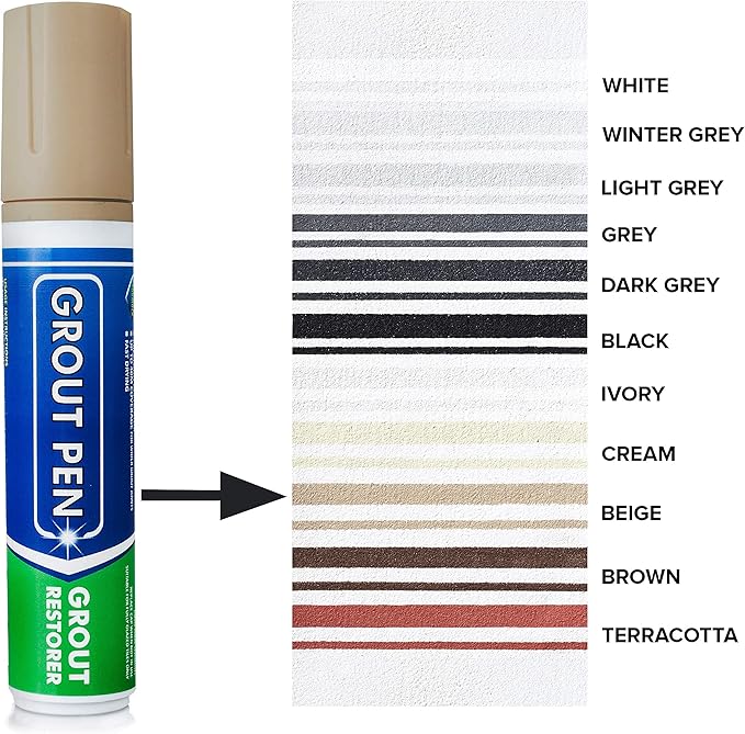 Grout Pen Tile Paint Marker: Waterproof Grout Colorant and Sealer Pen to Renew, Repair, and Refresh Tile Grout - Cleaner Coating Stain Pens - 2 Pack, 15mm Wide Beige and 5mm Narrow White Tip