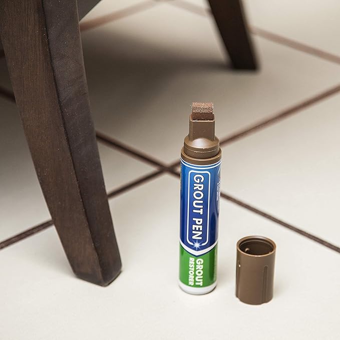 Grout Pen Tile Paint Marker: Waterproof Grout Colorant and Sealer Pen to Renew, Repair, and Refresh Tile Grout - Cleaner Coating Stain Pens - 2 Pack, 15mm Wide Brown and 5mm Narrow White Tip