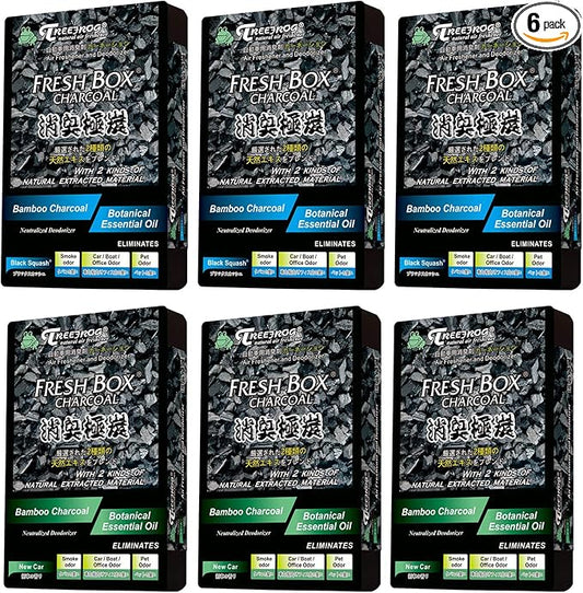 Treefrog Xtreme Fresh Charcoal Black Squash x3, New Car Scent x3 Air Freshener, Deodorizer and Neutralizer air, Special Deal Bundle Mixed Pack, Black Bamboo Charcoal, Generously Large Size 200g.