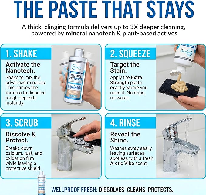 Wellproof Hard Water Stain Remover - 3X Nanotech Deep Cleaner | Eliminates Limescale, Soap Scum, Calcium, Rust At Source - No Bleach, No Chemical Fumes - Safe for Glass, Tile, Fixtures & Family Homes