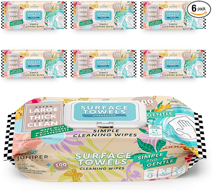 6 Packs Surface Cleaning Wipes Bleach Free, Thick & Large Dispose, All-Purpose Cleaner for Bathroom, Kitchen, Office, 600 Count Soft Flow, Biodegradable, No Scent