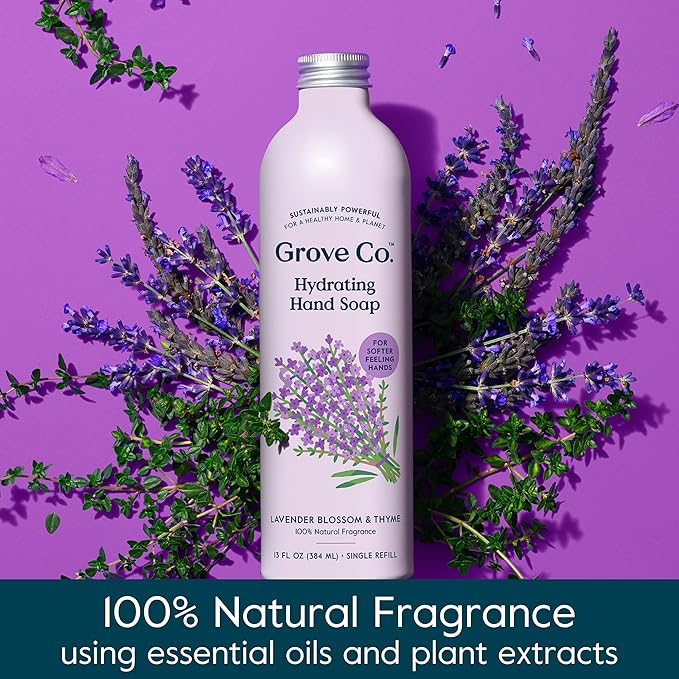 Grove Co. Hydrating Gel Hand Soap Refills (2 x 13 Fl Oz) + 1 x Reusable Glass Soap Dispenser, Plastic-Free & Liquid Refillable Starter Kit, Natural Lavender Blossom & Thyme Fragrance