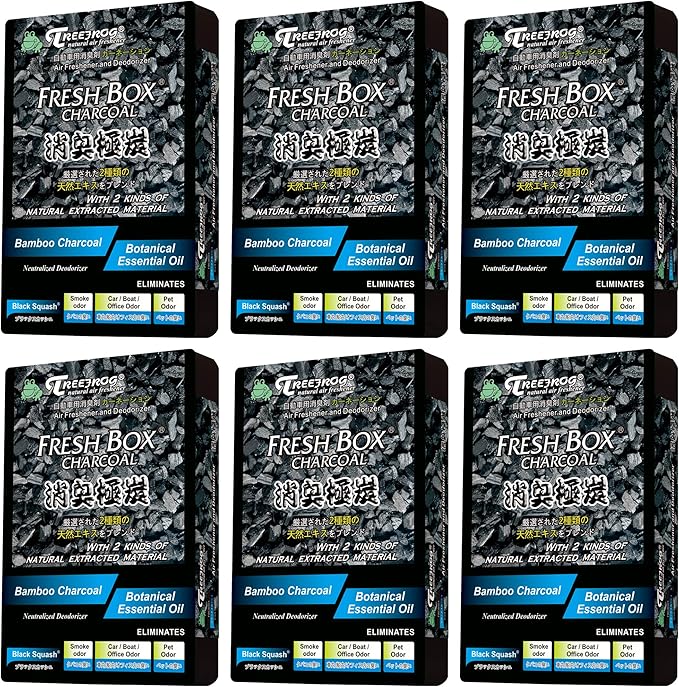 Treefrog Xtreme Fresh Box Charcoal Black Squash Scent 6-Pack Car Air Freshener, Captures, Eliminates Odors, Purifies and Freshens Air, Black, Bamboo Charcoal, 200g.
