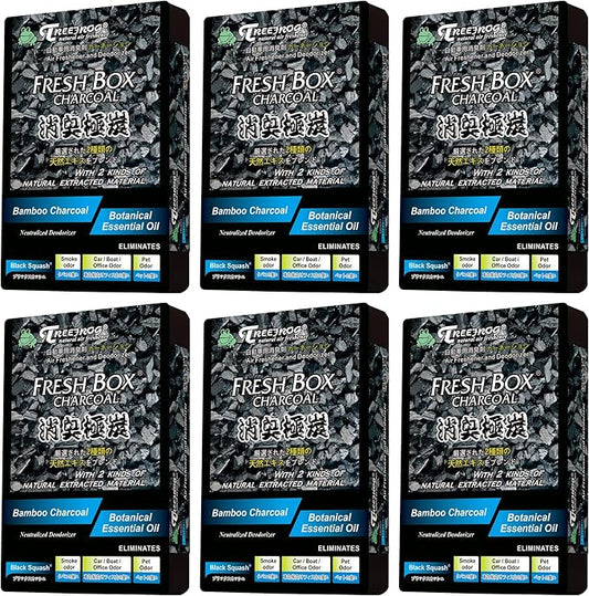 Treefrog Xtreme Fresh Box Charcoal Black Squash Scent 6-Pack Car Air Freshener, Captures, Eliminates Odors, Purifies and Freshens Air, Black, Bamboo Charcoal, 200g.