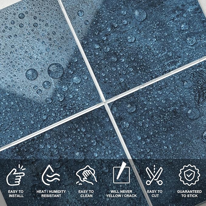 Peel and Stick Tiles for Kitchen Backsplash, New Upgrade Design 9" x9"SPC Square Marble Tiles, Marble Blue Premium Mosaic Tiles,(5-Sheet)