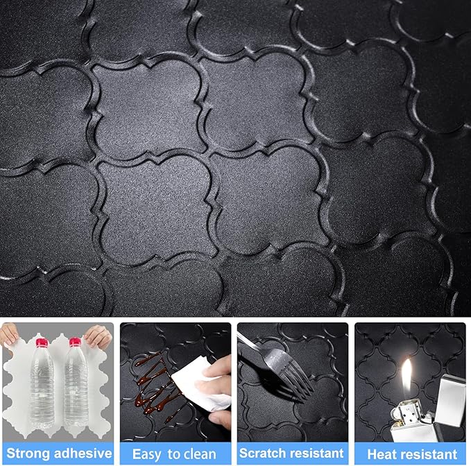 Arabesque Peel and Stick Backsplash for Kitchen, Matte Black 3D Self-Adhesive Kitchen Backsplash, Premium Stick on Backsplash for Bathroom (10Tiles, 12×12）