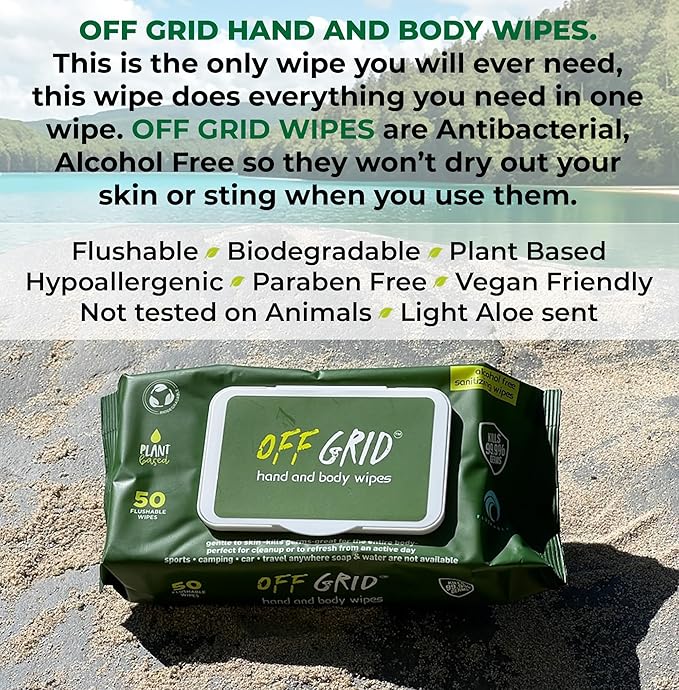 OFF GRID Hand and Body Wipes | Trusted Wipe of the US Military | Alcohol-Free Wipes | Plant-Based Wipes for Camping, Hiking, & More | Travel-Friendly & Flushable | 6 Pack