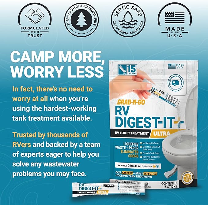 Unique RV Digest-It Ultra Stick Pack, 15 Count, Extra-Strength RV Toilet Treatment, No-Mess, Pre-measured, Grab-N-Go Bio-Enzymatic Black Tank Treatment, Eliminates Smells and Prevents Clogs