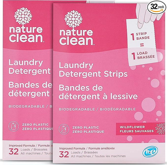 Nature Clean Plastic-Free Packaging Laundry strips, Eco-Friendly Laundry Detergent Sheets Wildflower, 32 count 2-pack