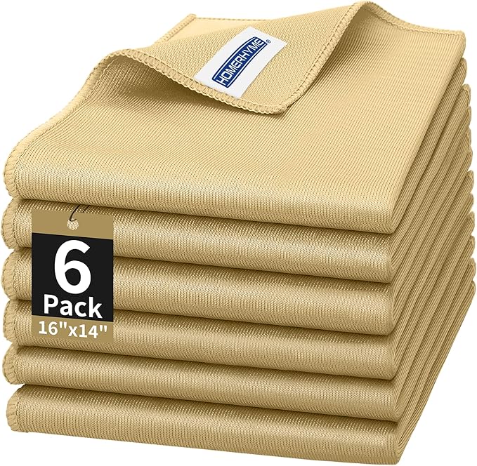 HOMERHYME Microfiber Cleaning Cloth - 6 Pack Glasses Cleaning Cloth, 16" x 14" Window Cleaning Rags, Streak Free Lint Free Polishing Cloths Wipes for Eye Glass, Stainless Steel, Windshield, Beige