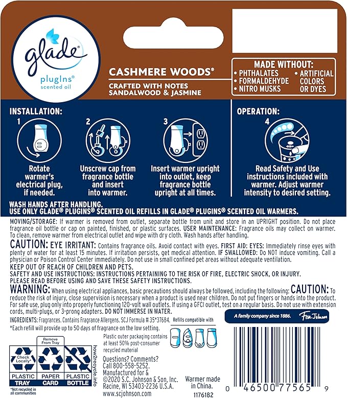 Glade PlugIns Refills Air Freshener Starter Kit, Scented and Essential Oils for Home and Bathroom, Cashmere Woods, 1.34 Fl Oz, 1 Warmer + 2 Refills