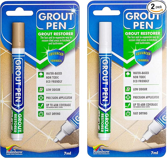 Grout Pen Tile Paint Marker: Waterproof Grout Colorant and Sealer Pen to Renew, Repair, and Refresh Tile Grout - Cleaner Coating Stain Pens - 2 Pack, 5mm Narrow Beige and 5mm Narrow White Tip