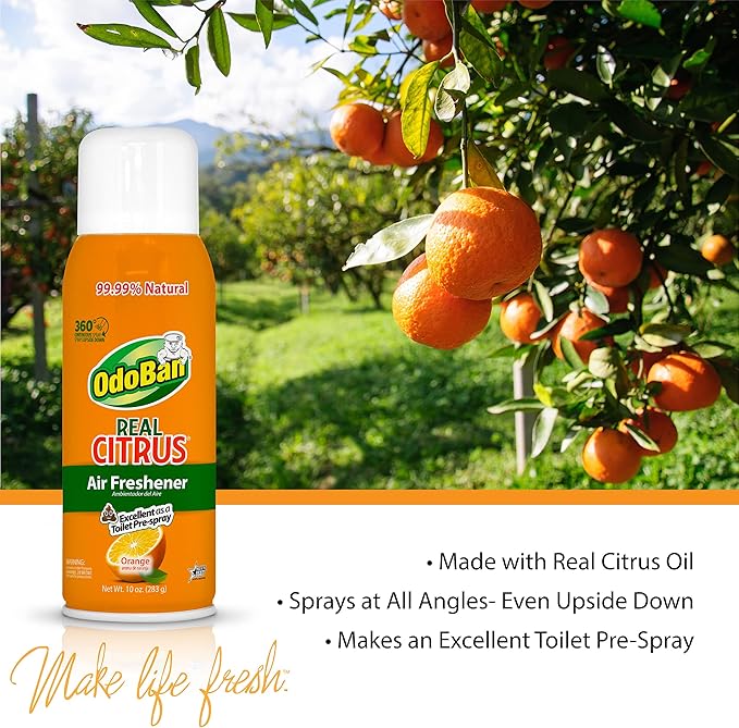 OdoBan Aroma Eliminator, 360-Degree Continuous Spray Natural Oil Real Citrus Air Freshener, Toilet Spray, 3-Pack, 10 Ounces Each, Orange Scent