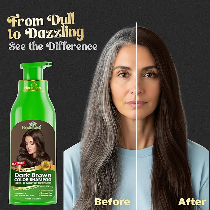 Herbishh Hair Color Shampoo for Gray Hair Dark Brown 500 ML + Stain Remover Wipes - Travel Pack With 5 Wipes
