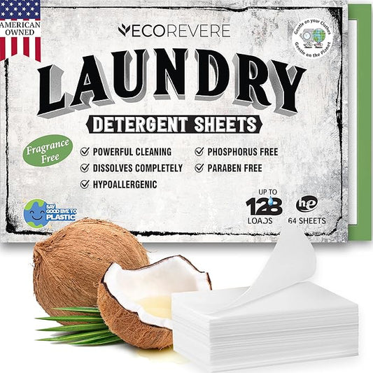Laundry Detergent Sheets - Eco Friendly Hypoallergenic for sensitive skin, Natural Plant Based Washer Sheets, Travel Laundry Detergent, Chemical Free (64cnt/128 Small Loads) Unscented, Fragrance-Free