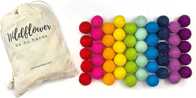 Rainbow Party - 100% Handmade Wool Felt Pom Poms - (50) Pure New Zealand Wool Felt Balls - DIY Pompoms - 0.8-1.0" Size - Drawstring Muslin Bag