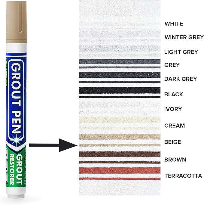 Grout Pen Tile Paint Marker: Waterproof Grout Colorant and Sealer Pen to Renew, Repair, and Refresh Tile Grout - Cleaner Coating Stain Pens - 2 Pack, 5mm Narrow Beige and 5mm Narrow White Tip