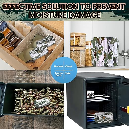 40 Gram Gun Safe Dehumidifier Camouflage, Rechargeable Desiccant Canister Dehumidifier Bags, Reusable Silica Gel Packets Moisture Absorbers for Car, Bathroom, Basement [5PACK]
