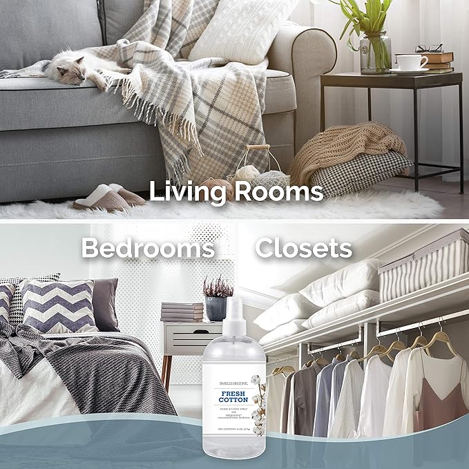 SMELLS BEGONE Air Freshener Home & Linen Spray - 16 oz, Pack of 2 - Odor Eliminator - Made with Essential Oils (Fresh Cotton)