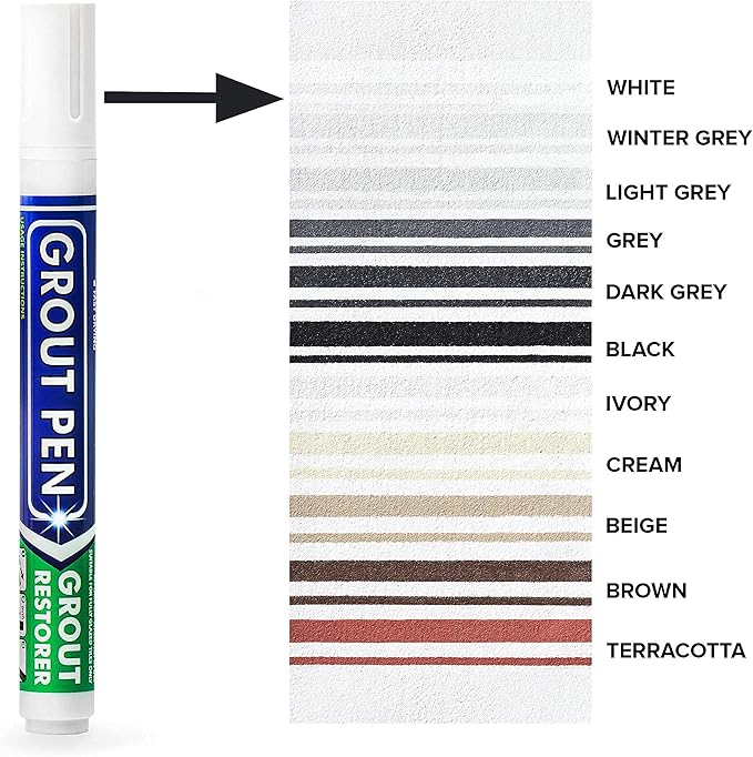 Grout Pen Tile Paint Marker: Waterproof Grout Colorant and Sealer Pen to Renew, Repair, and Refresh Tile Grout - Cleaner Coating Stain Pens - 2 Pack, 5mm Narrow Winter Grey and 5mm Narrow White Tip
