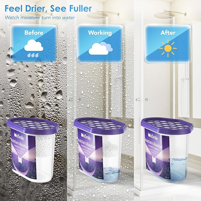 Moisture Absorbers, Efficient Lavender Vanilla Humidity Absorber ＆ Odor Eliminator Boxes, Refillable Car Dehumidifier for Closet, Bathroom, Basement＆ RV, 3 Pack