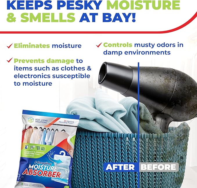 Moisture Absorber Packets, Fragrance Free, Humidity Absorber, Hanging Closet Dehumidifier Bags, Eliminates Odors for Fresher Air, Ideal for Closet