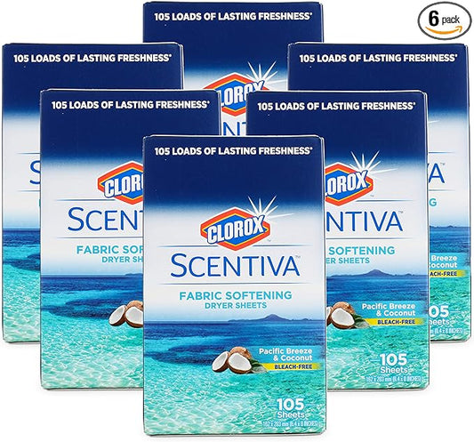 Clorox Scentiva Fabric Softening Dryer Sheets, 105 Sheets per Pack, Pacific Breeze & Coconut Scent | Bleach-Free Fabric Softener Sheets for Static Control and Reduce Wrinkles (6 Pack)