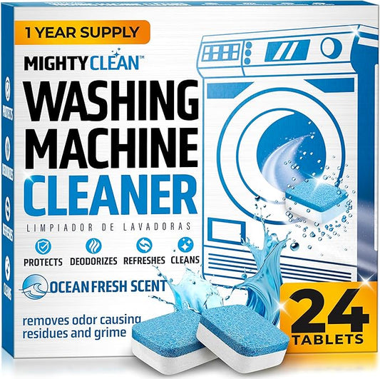 MIGHTY CLEAN Washing Machine Cleaner Tablets 24 Pack - 1 Year Supply, Septic Safe Washing Machine Cleaning Tablets, Washer Cleaner Tablet, Works with All Washers Including HE