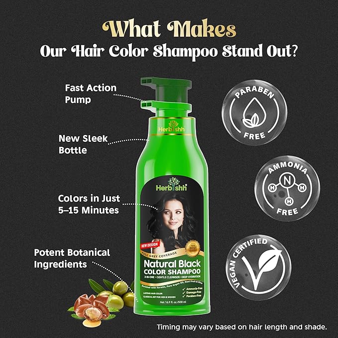 Herbishh Hair Color Shampoo for Gray Black 500 ML + Hair Color Stain Remover Wipes + Travel Pack With 5 Wipes