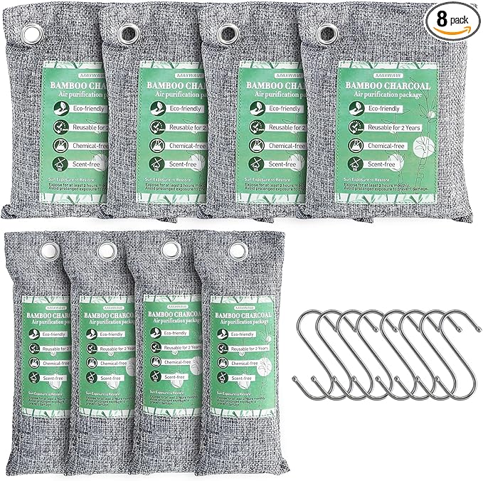 MAXWAVE 8 Pack Activated Charcoal Odor Absorber Bags, Bamboo Charcoal Air Purifying Bags, Natural Air Freshener, Shoe Deodorizer, Moisture Absorber, Odor Eliminators for Home, Car (4×50g, 4×150g)