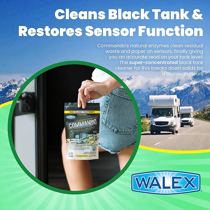 Walex Commando RV Black Holding Tank & Sensor Cleaner - Eliminates Waste & Paper Buildup, Restores Sensor Function, Lubricates Valves & Seals, Advanced Enzyme Formula; Dissolvable Packets, 4 Count