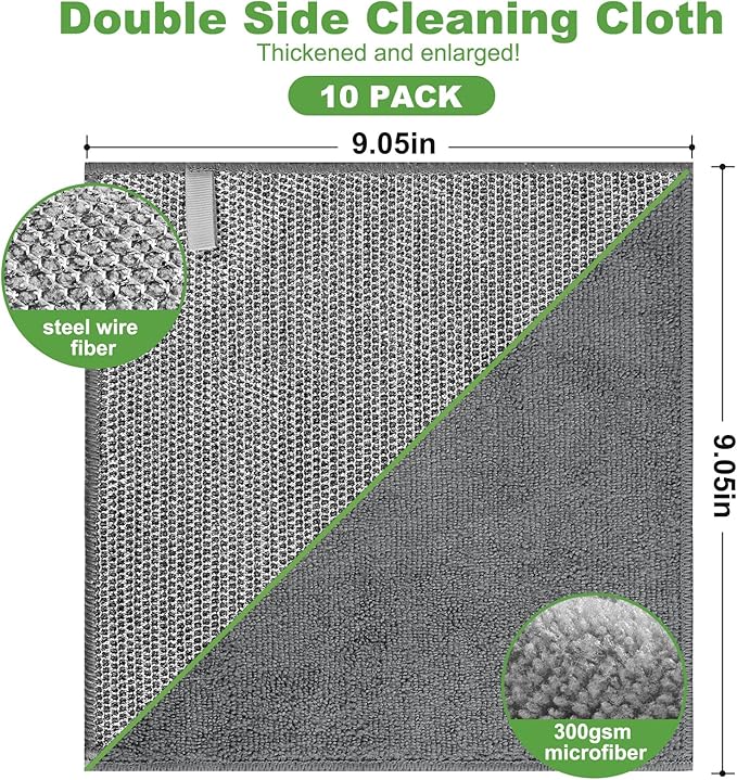 10 Counts Multipurpose Wire Dishwashing Rag,Non Scratch Wire Dishcloth for Washing Dishes,Microfiber Miracle Cleaning Cloth with Mesh,Dual-Sided Steel Mesh Cloth for Pot,Metal Scrubber,Grey