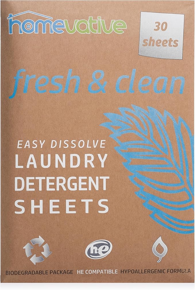 Homevative Laundry Detergent Sheets, 30 Sheets, Up to 60 Loads, Easy Dissolve, Fresh & Clean, Eco package, HE Compatible, Septic friendly, Great for travel, college, laundromat and at home