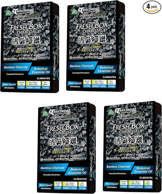 Tree frog xtreme Fresh Box Charcoal Black Squash Scent 4-Pack Car Air Freshener, deodorizer and neutralizer air, plus smelling great, Black Bamboo Charcoal, 200g.