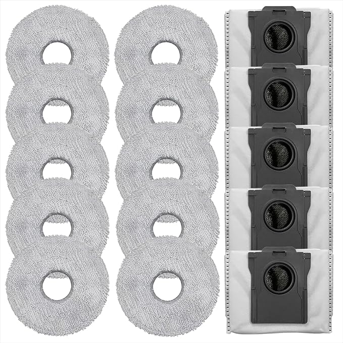 (15 Pcs) Dust Bags and Mop Pads Replacement for Dreame X50 Ultra/X40 Ultra/L40 Ultra/X30 Ultra/L40S Ultra/X40 Master/L50 Pro Ultra/ X50 Master Robot Vacuum，5 Dust Bags ，10 Mop Pads