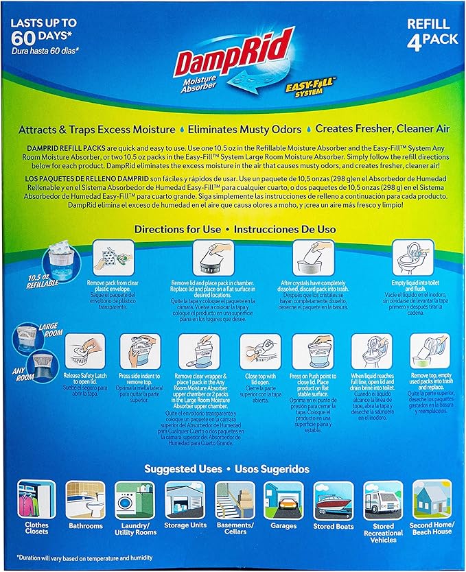 DampRid - Fragrance Free Moisture Absorber 10.5 oz. Easy Fill Refill Packs - 4 count – Attracts & Traps Moisture for Fresher, Cleaner Air