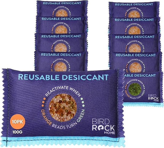 BIRDROCK HOME Reusable Desiccant Pack 100g (10-Pack) – Silica Gel Moisture Absorber & Humidity Control Packs for Electronics, Camera Bags, Gun Safes, Luggage & Storage