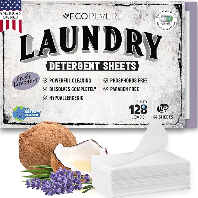 Lavender Laundry Detergent Sheets - Eco Friendly Hypoallergenic for Sensitive Skin, Natural Plant Based Washer Sheets, Travel Laundry Detergent, Chemical Free, Lavender Scent (64cnt/128 Small Loads)